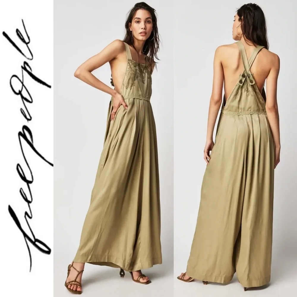 Free People x Brenda Knight Lace Pleated Decorated Wide Leg Overalls Jumpsuit M - Picture 2 of 16